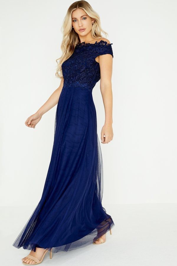 Lizzy Navy Lace Bardot Maxi Dress size: 10 UK, colour: