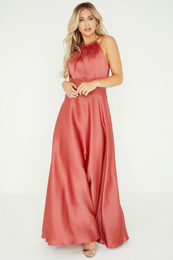 Kathy Terracotta Satin Maxi Dress With Lace size: 10 U