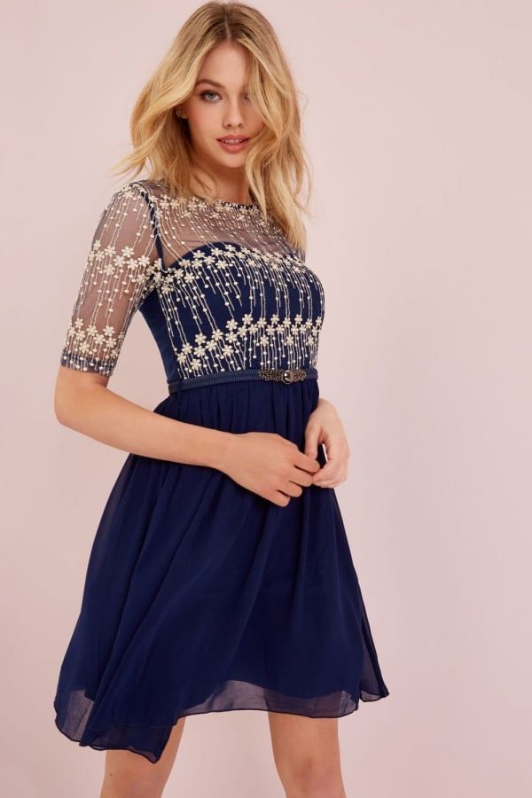 Navy Mesh Embroidered Dress size: 10 UK, colour: Navy
