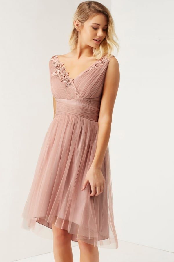 Rose Applique Mesh Prom Dress size: 10 UK, colour: Pin