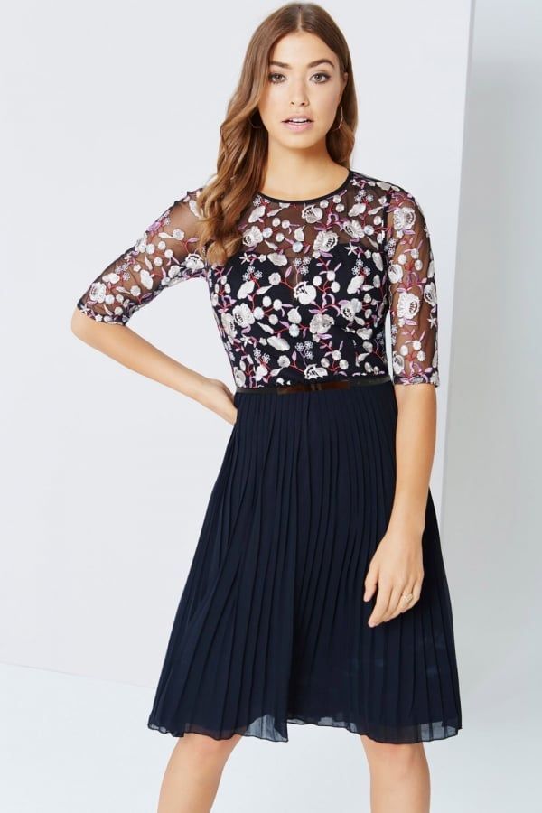 Floral Embroidered Midi Dress With Pleats size: 10 UK,