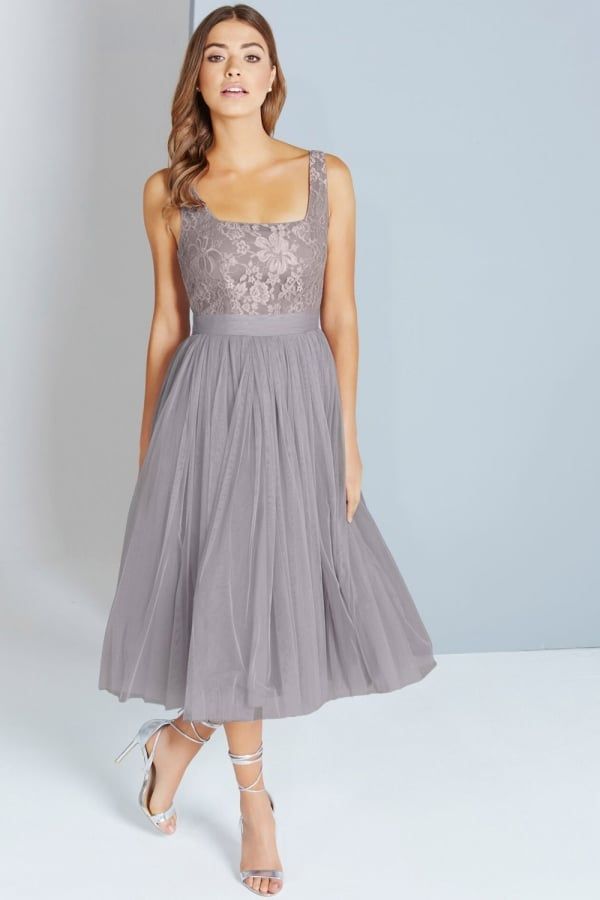 Grey Lace and Mesh Midi Dress size: 10 UK, colour: Gre