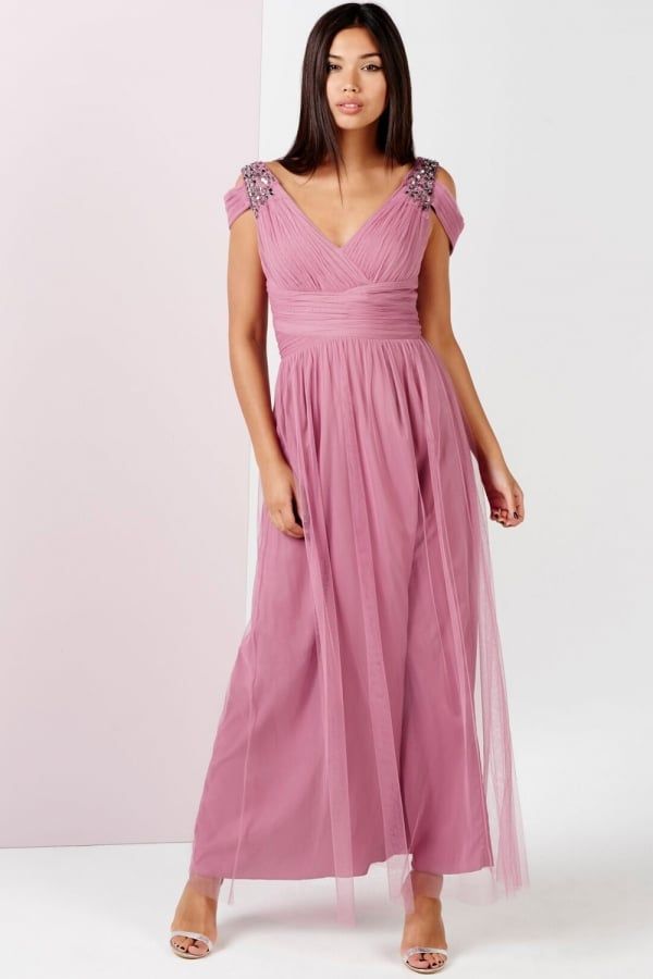 Rose Embellished Drape Shoulder Maxi Dress size: 10 UK