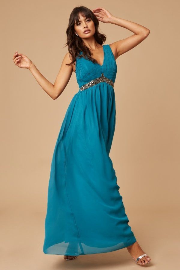 Turquoise Embellished Waist Maxi Dress size: 10 UK, co