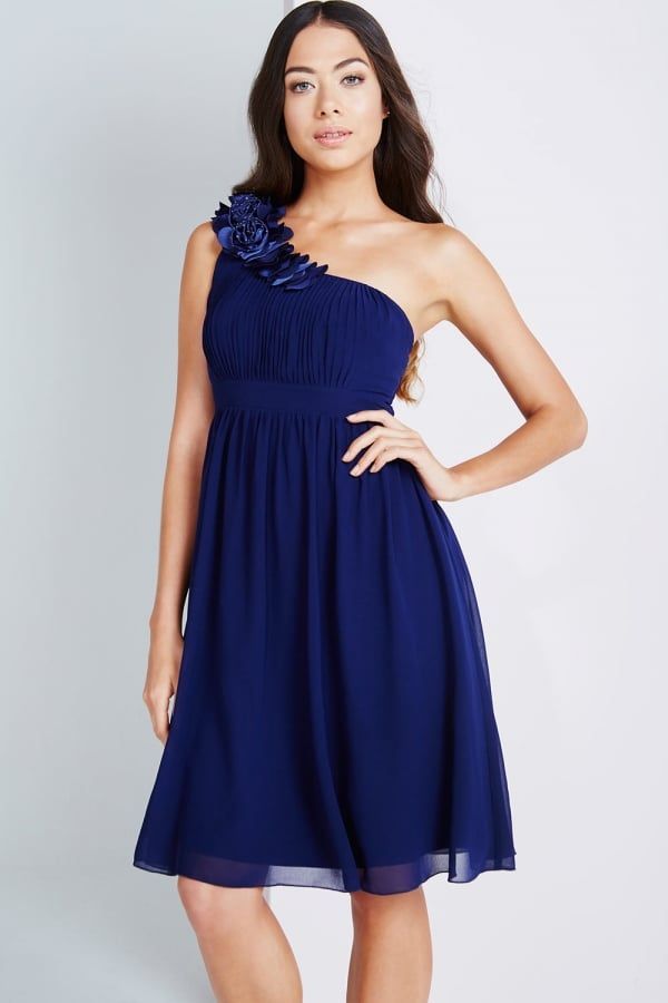 Navy One Shoulder Prom Dress with Corsage size: 10 UK,