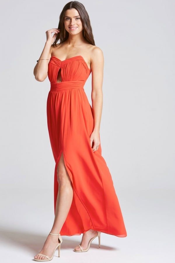 Tomato Red Cut Out Bandeau Maxi Dress size: 10 UK, col