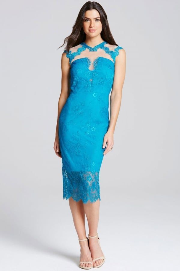 Turquoise Lace High Neck Bodycon Dress size: 10 UK, co