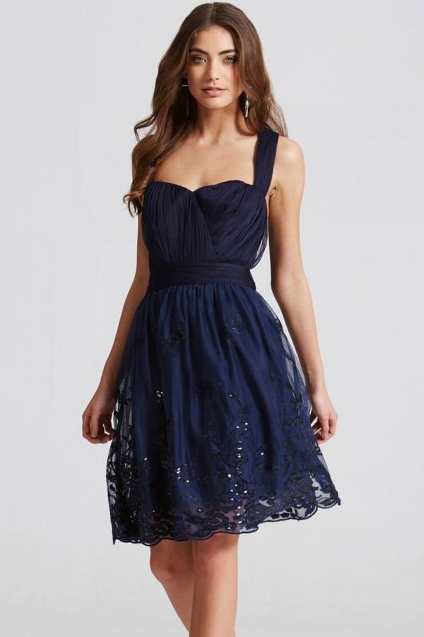 Navy Embroidery Mesh Prom Dress size: 10 UK, colour: N