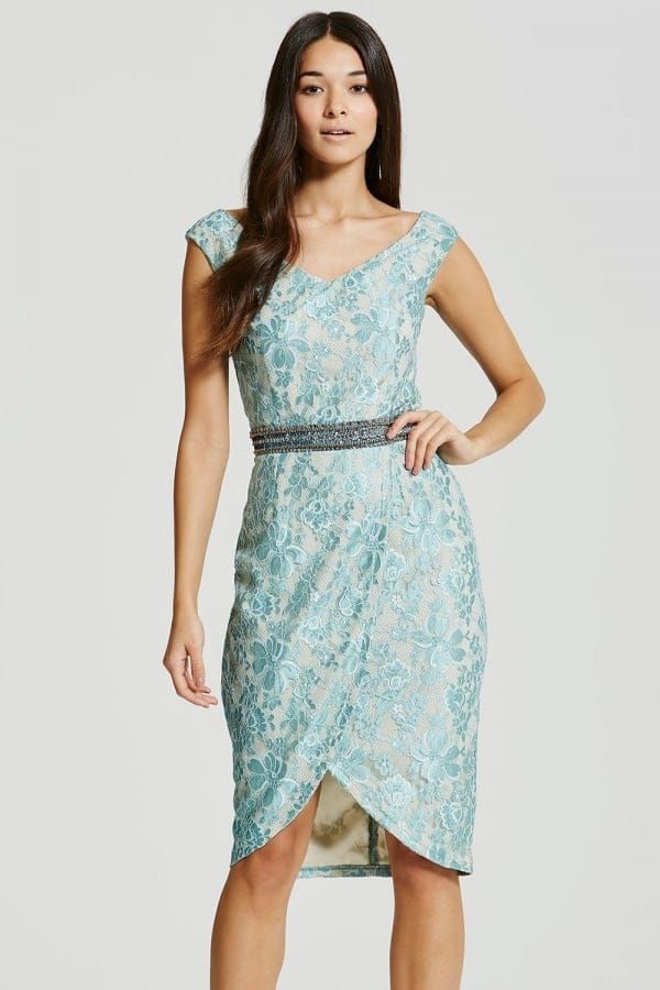 Sage Lace Embellished Waist Bodycon Dress size: 10 UK,