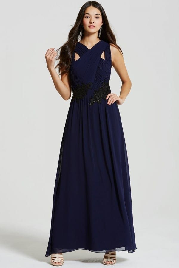 Navy and Black Applique Crossover Maxi Dress size: 10