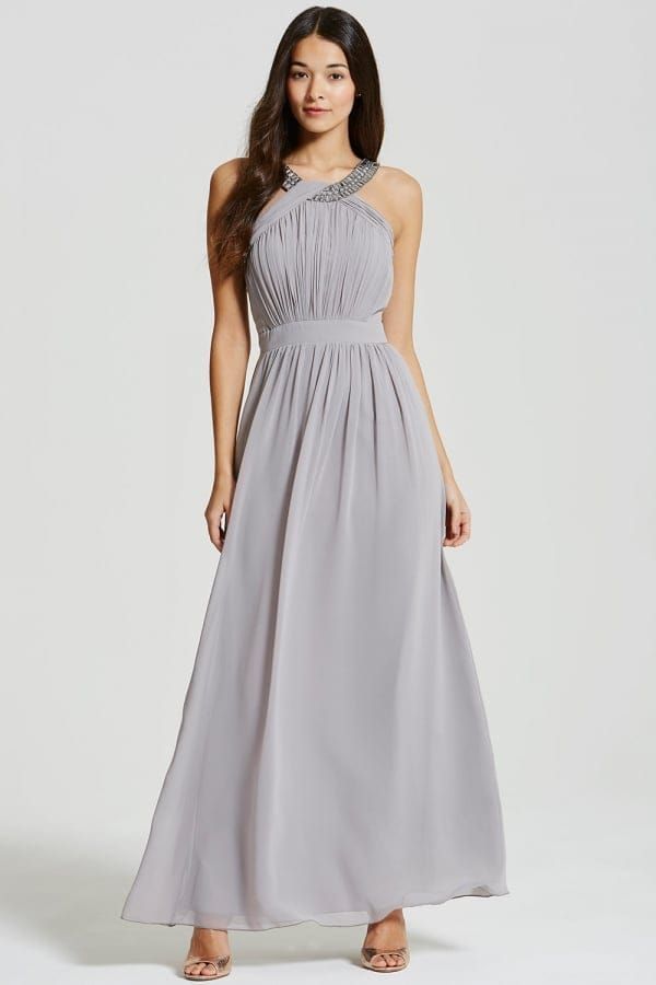 Grey Embellished Chiffon Maxi Dress size: 10 UK, colou