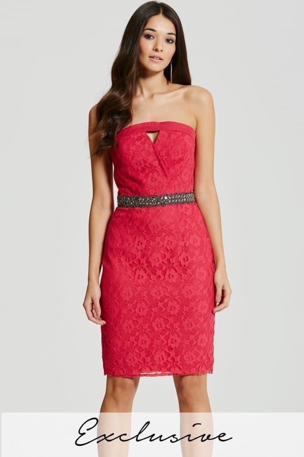 Pink Embellished Waist Lace Bandeau Dress size: 10 UK,