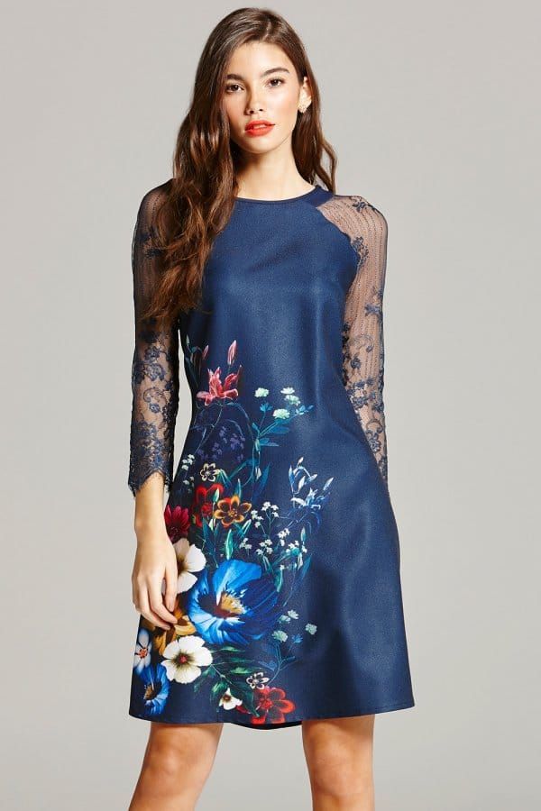 Navy Floral Print and Lace Sleeve Dress size: 10 UK, c