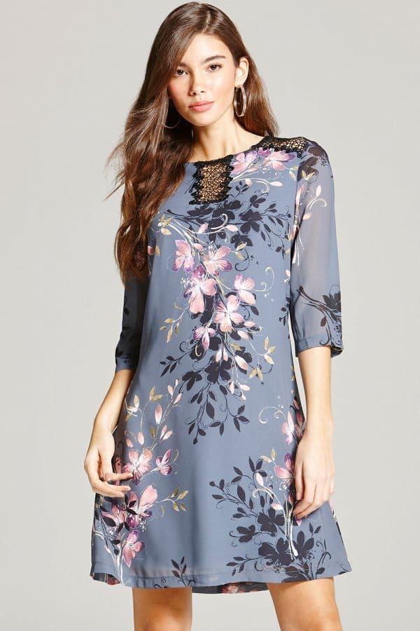 Grey Floral Print and Lace Tunic Dress size: 10 UK, co