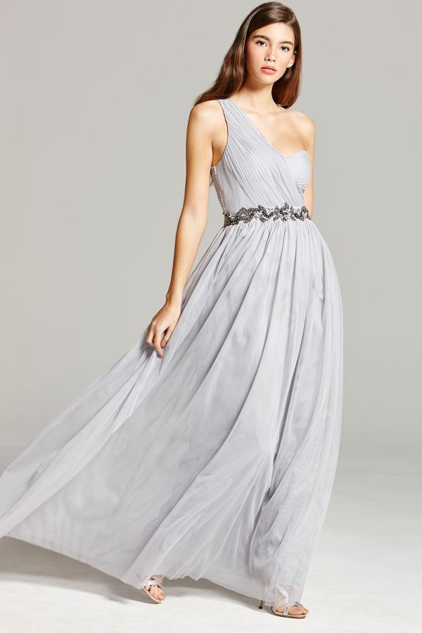 Grey One Shoulder Embellished Maxi Dress size: 10 UK,