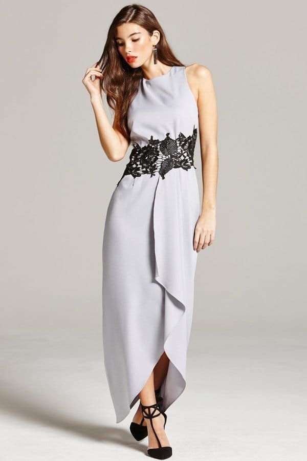 Grey and Black Lace Overlay Maxi Dress size: 10 UK, co