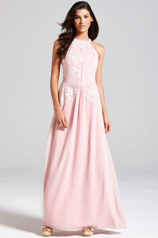 Rose Pink Floral Embroidered Maxi Dress size: 10 UK, c
