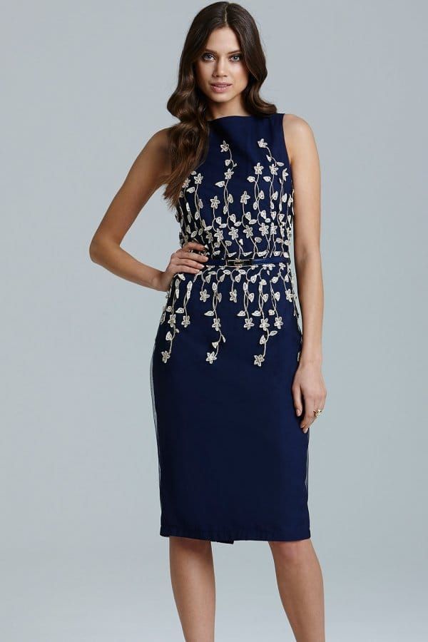 Navy  embroidered waist bodycon dress size: 10 UK, col