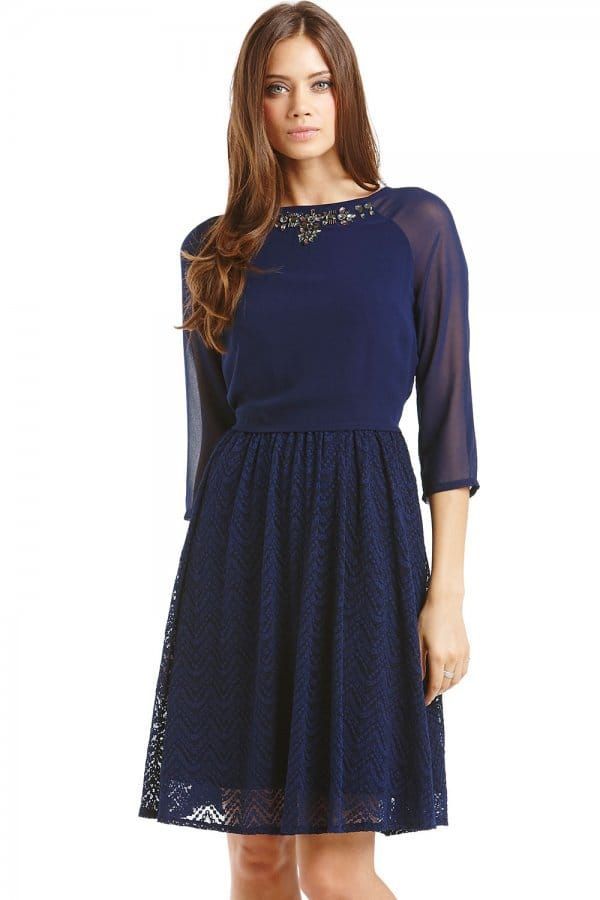 Navy Chiffon and Lace 2 in 1 Embellished Dress size: 1