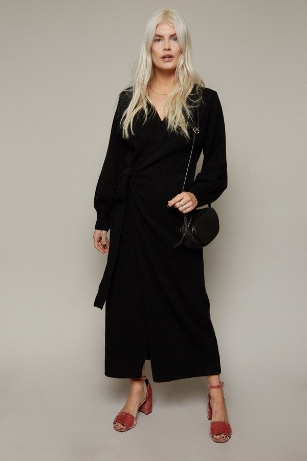 Finlay Black Knit Wrap Midi Dress size: 10 UK, colour: