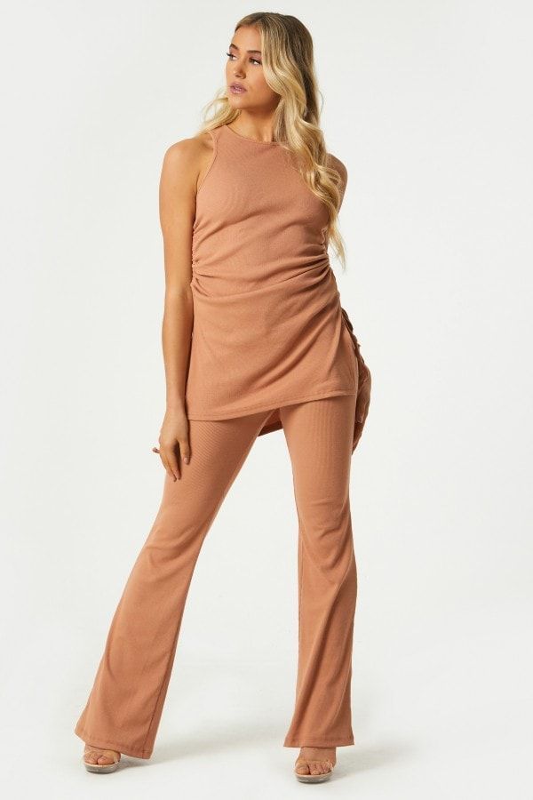 Mylan Camel Ribbed Flared Trousers Co-ord size: 10 UK,