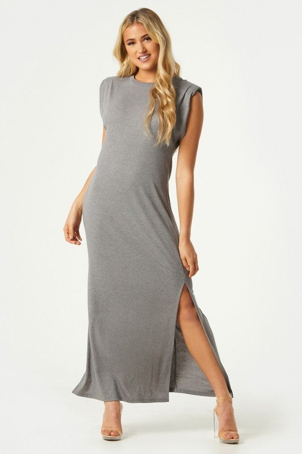 Vivi Grey Padded Shoulder Midi Dress size: 10 UK, colo