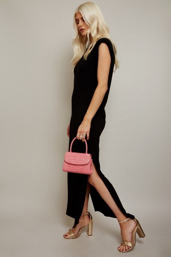 Vivi Black Padded Shoulder Midi Dress size: 10 UK, col