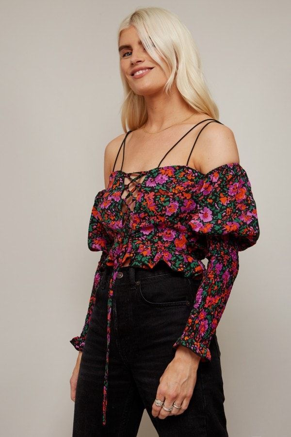 Freedom Floral-Print Lace-Up Crop Top size: 10 UK, col