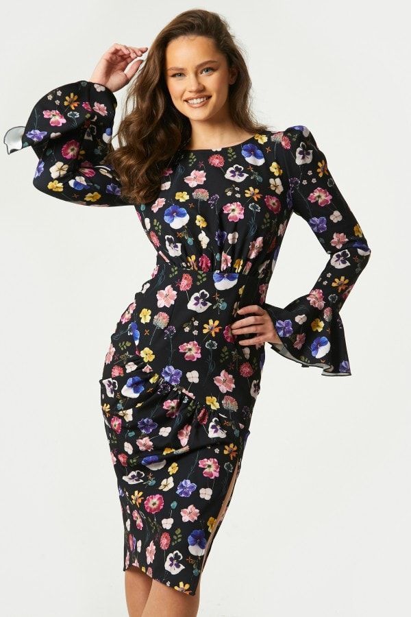 Nessa Black Floral-Print Bodycon Midi Dress size: 10 U