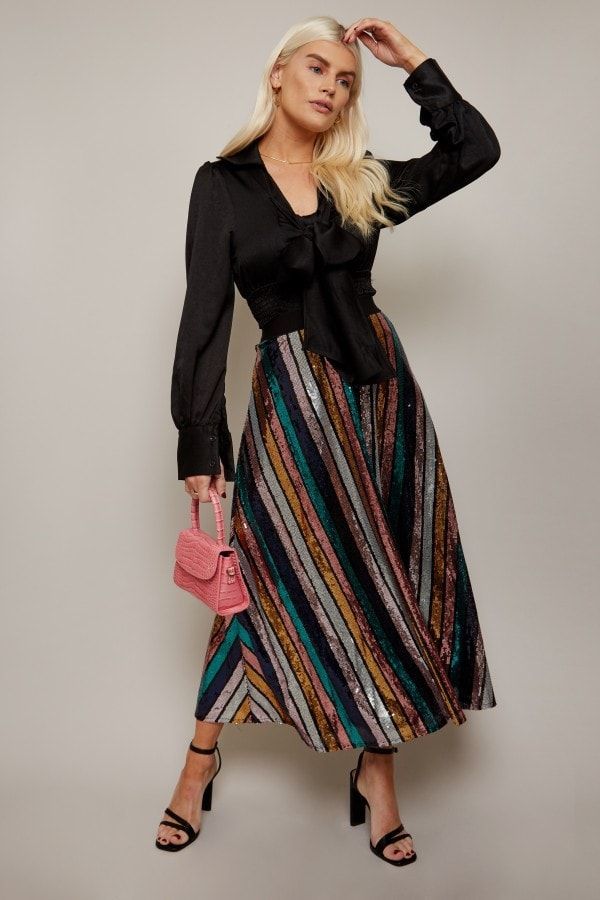 Trixie Rainbow Stripe Sequin Midi Skirt size: 10 UK, c