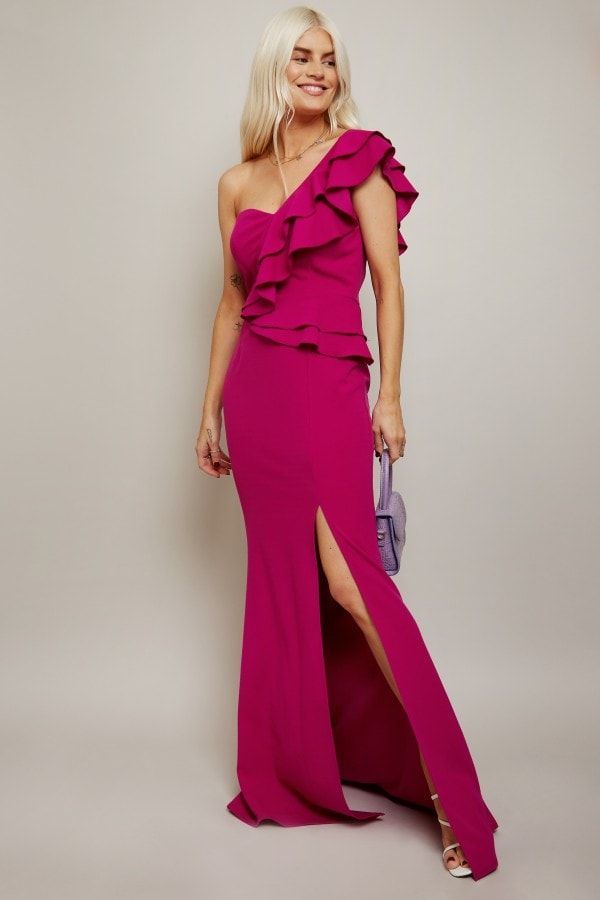 Marika Pink One-Shoulder Frill Maxi Dress size: 10 UK,