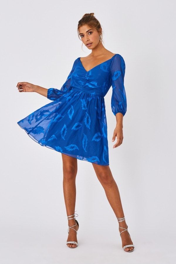 Lela Cerulean Blue Textured Leaf Skater Dress size: 10