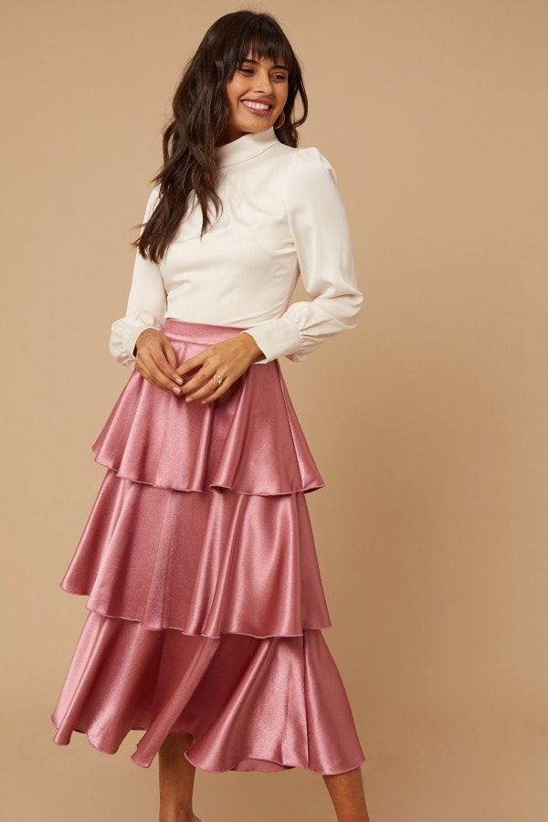 Reign Deep Mink Satin Tiered Midi Skirt size: 10 UK, c