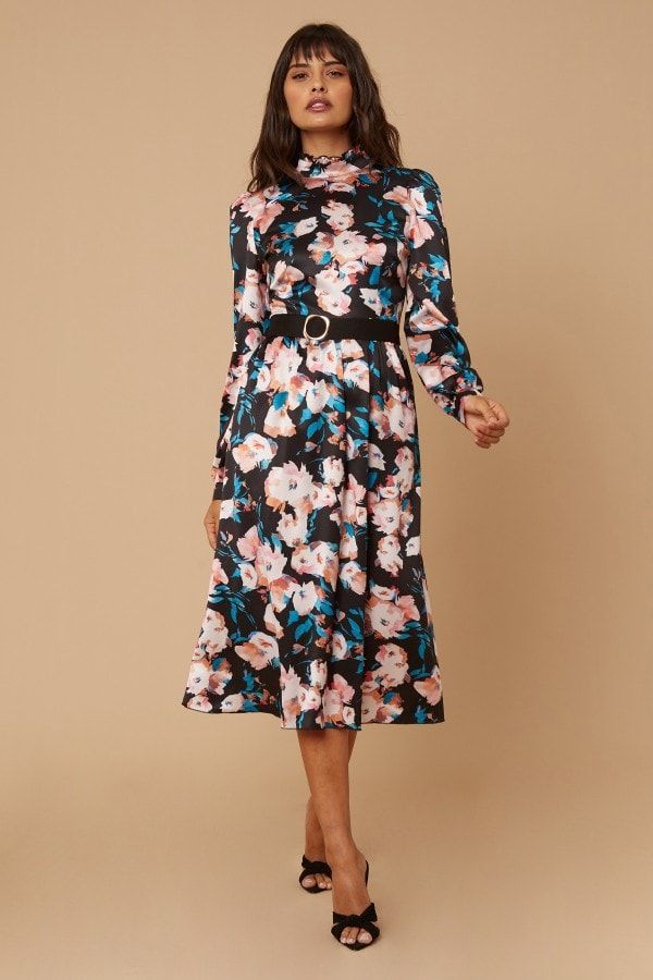 Remi Satin Floral-Printed Belted Midi Dress size: 10 U