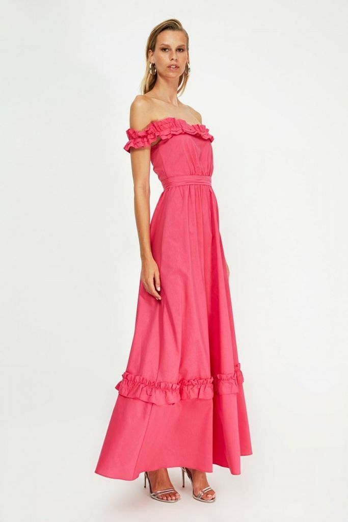Pink Bardot Frill Detail Occasion Maxi Dress  size: 10 UK, co