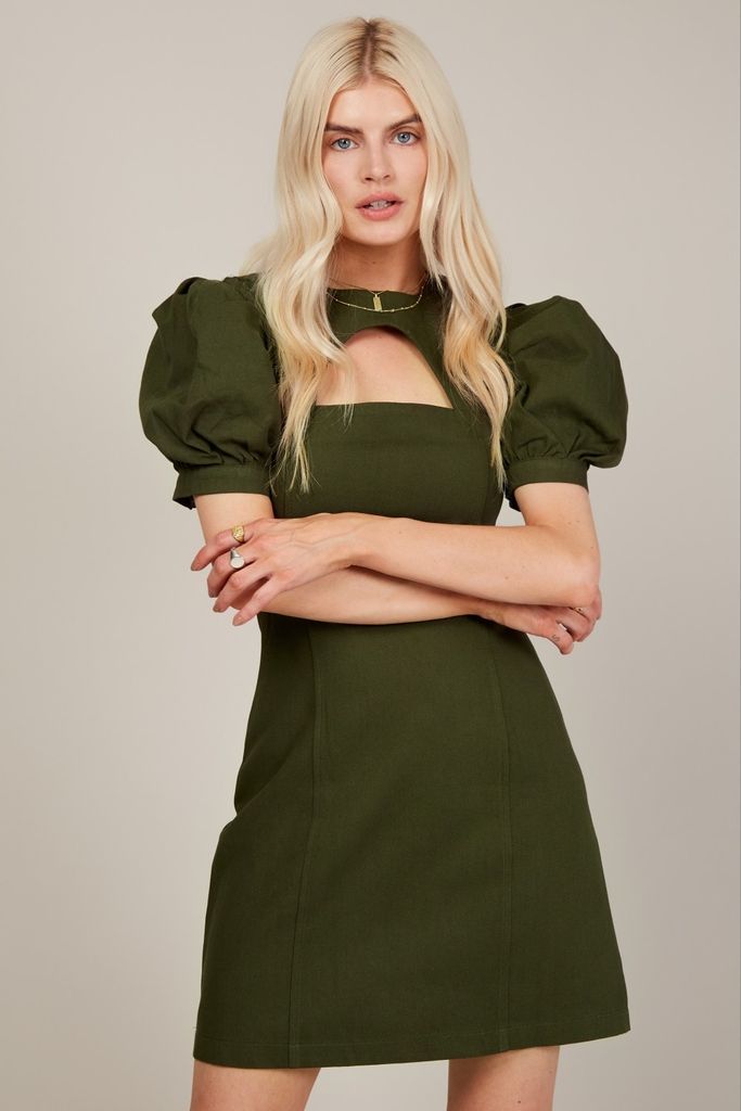 Khaki Puff Sleeve Cut Out Mini Dress size: 10 UK, colour: Kha