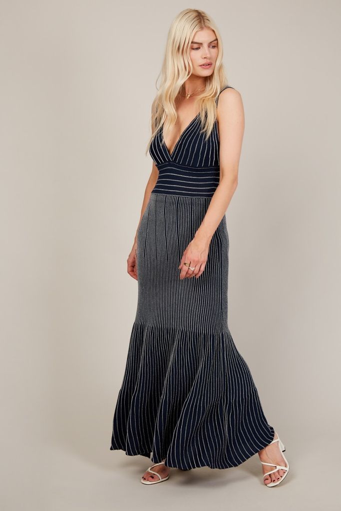 Navy Stripe Light Knit Maxi Dress size: L, colour: Navy