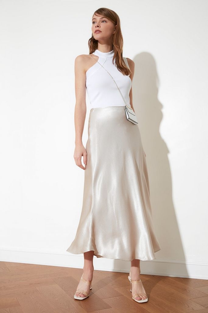 Silver Satin Midi Skirt size: L, colour: Silver