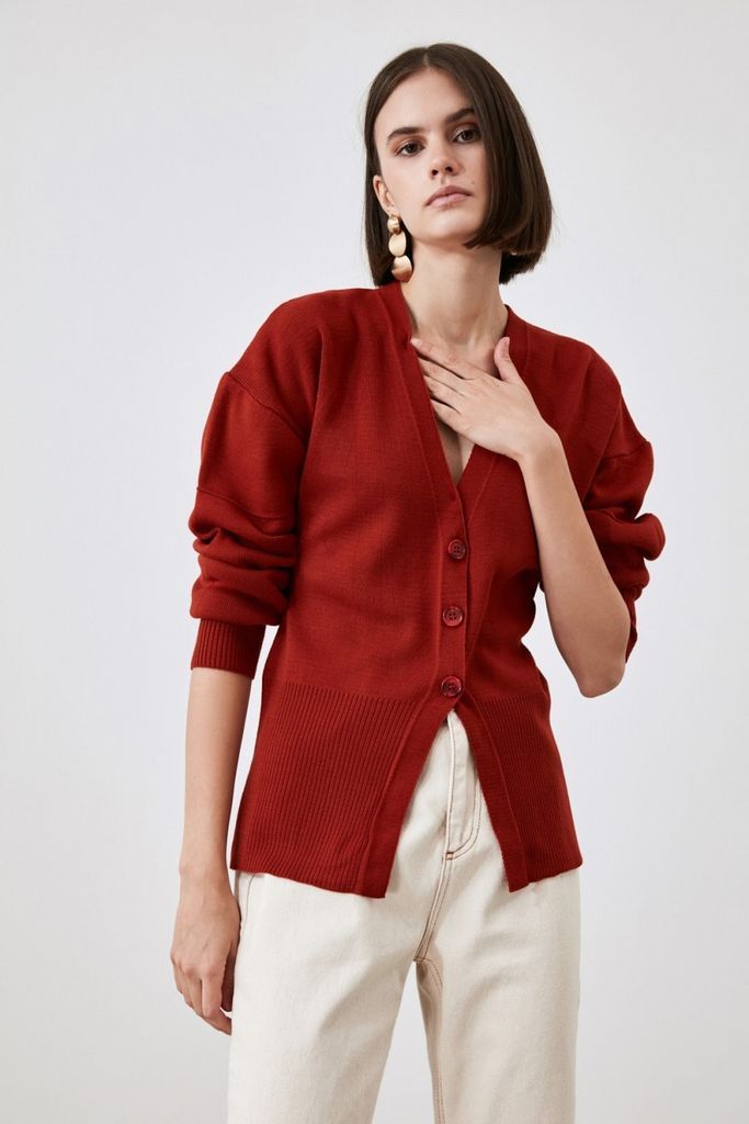 Red Three Button Cardigan size: L, colour: Red