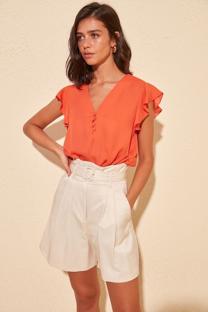 Frill Sleeve Blouse size: L, colour: Orange