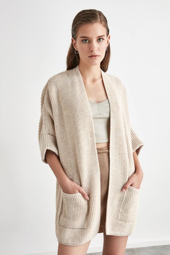 Stone 3/4 Sleeve Open Knit Cardigan size: L, colour: Stone