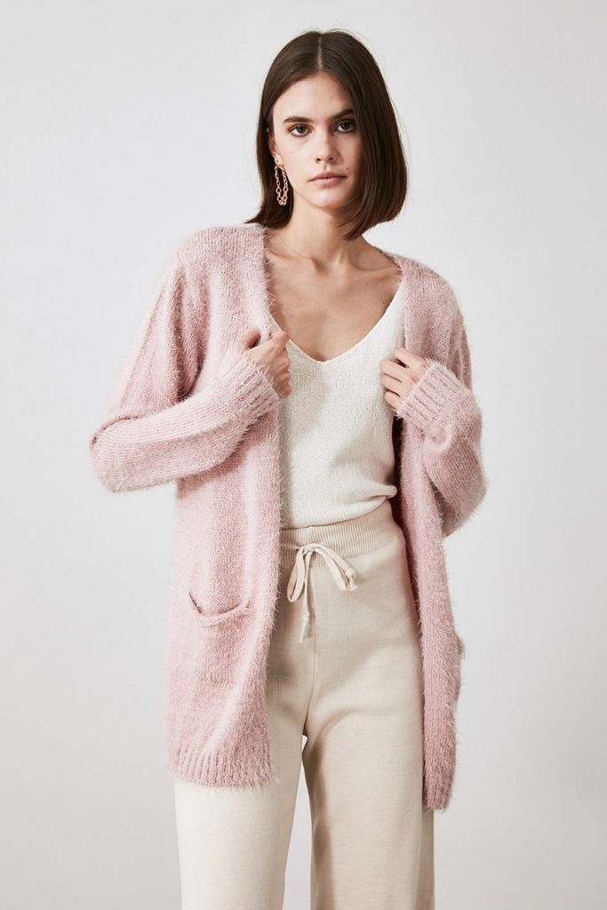 Rose Fluffy Cardigan With Pockets size: M/L, colour: Rose