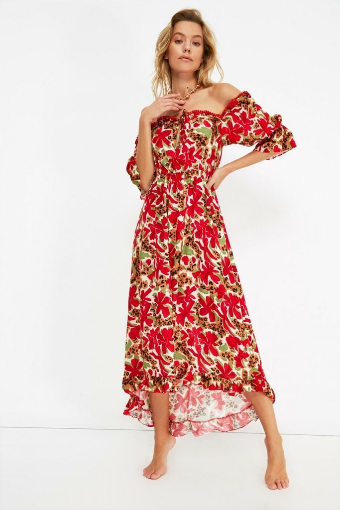 Red Floral Bardot Midaxi Dress size: 10 UK, colour: Multi