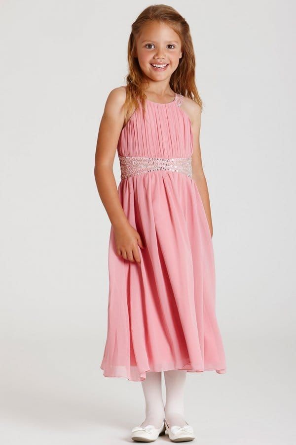Pink Embellished Chiffon Midi Dress size: 11-12 Yrs, c