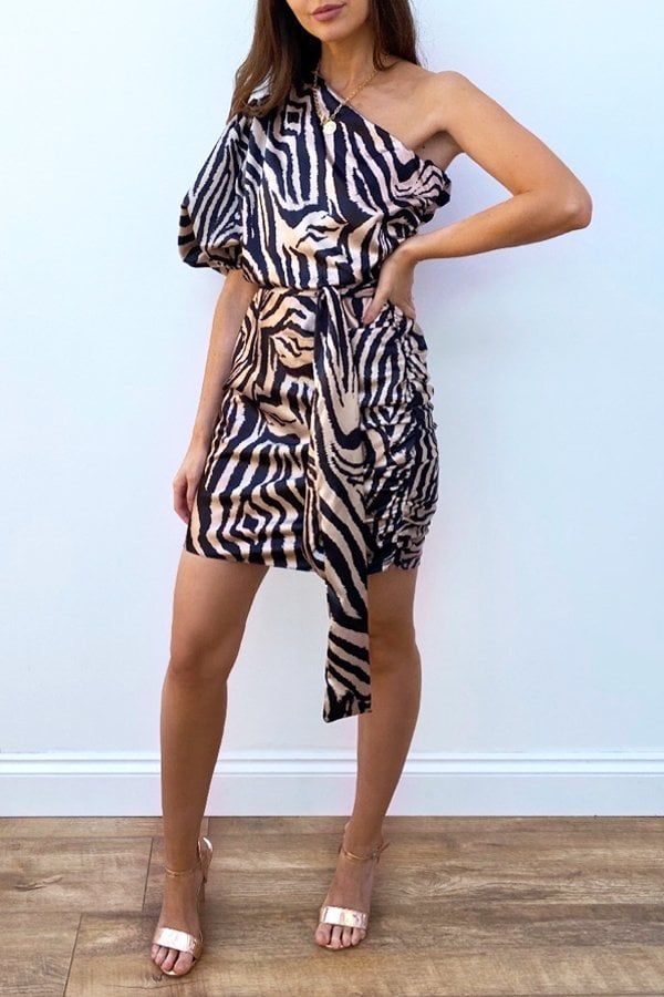 Steffy Zebra-Print Satin One-Shoulder Dress size: 10 UK, colour: Multi