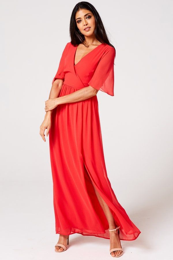 Iris Fiery Coral Mock Wrap Maxi Dress size: 10 UK, c