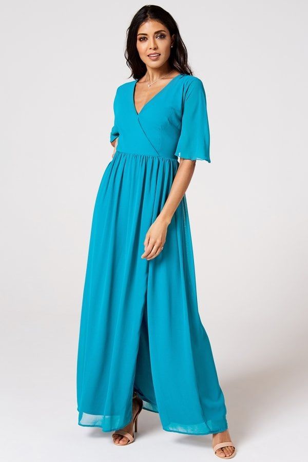 Iris Blue Jewel Mock Wrap Maxi Dress size: 10 UK, co