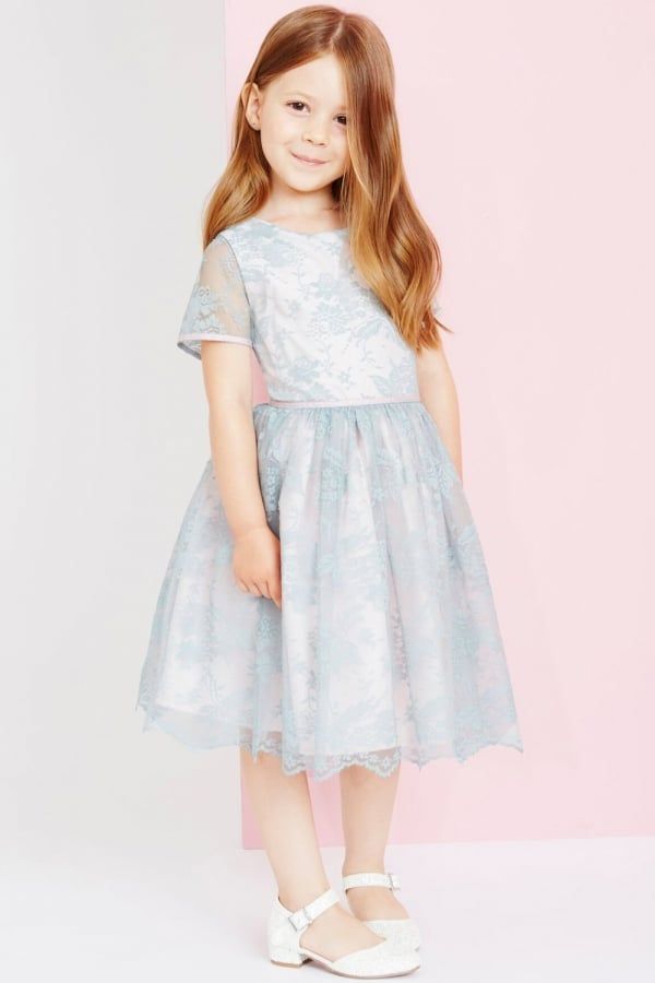Sage And Pink Lace Overlay Dress size: 11-12 Yrs, colo