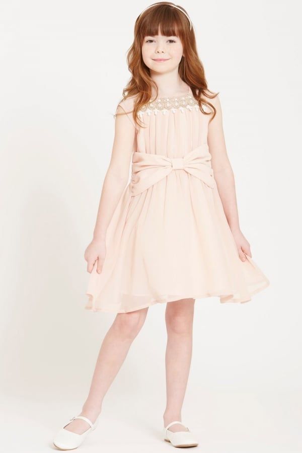 Nude Bow Waist Dress with Embroidered Neck size: 11-12