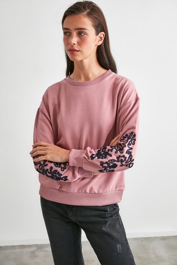 Rose Jumper With Embroidery Sleeve size: L, colour: Rose